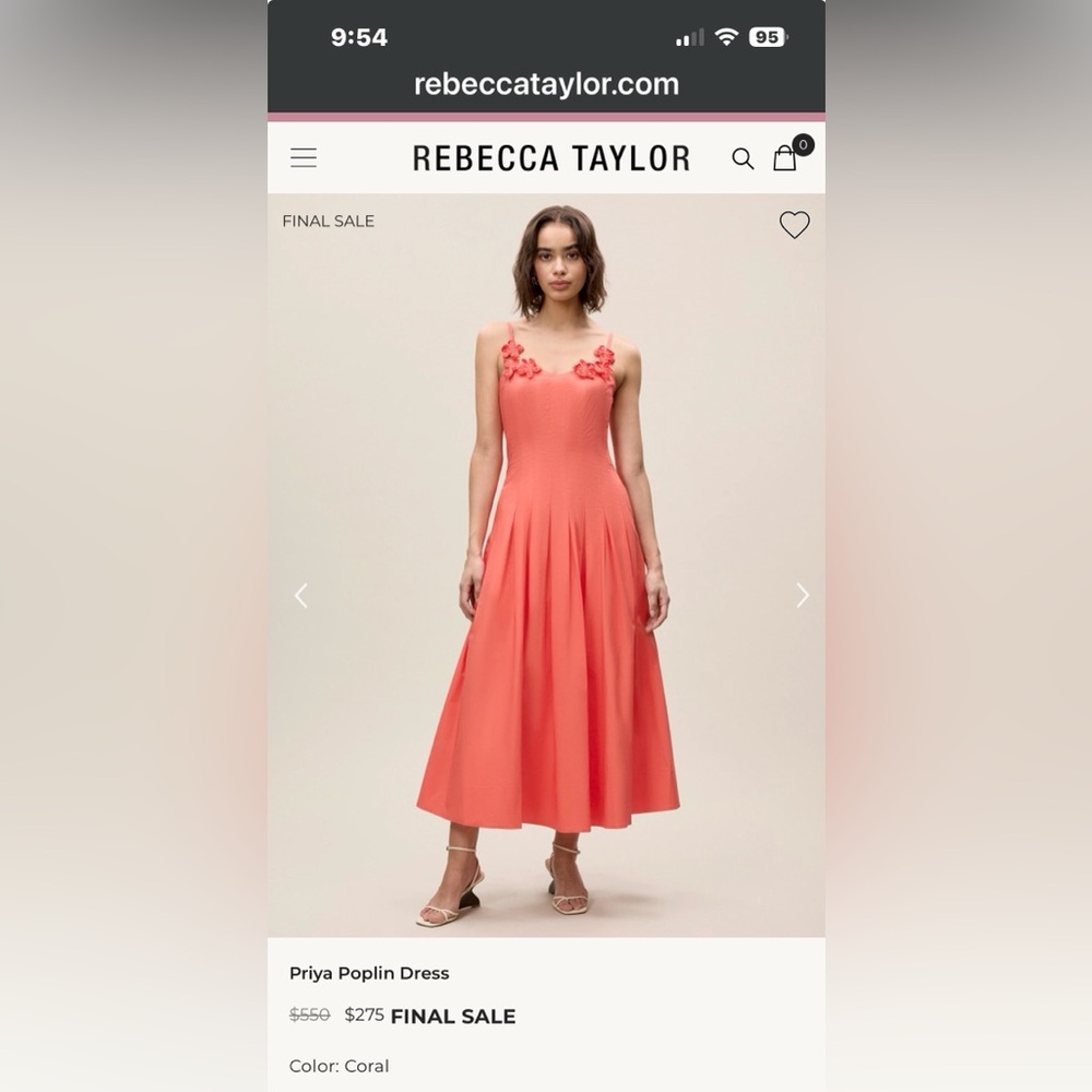 Rebecca Taylor Priya Poplin Floral Appliqué Coral NWT sz 10 Midi Dress 👗